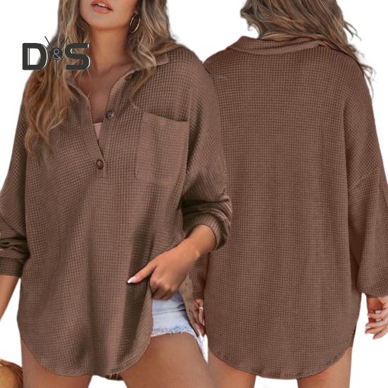 Women Tops Lapel Buttons Half Placket Long Sleeve Pullover Tops Solid Color Waffle Texture Stretchy Blouse Daily Wear
