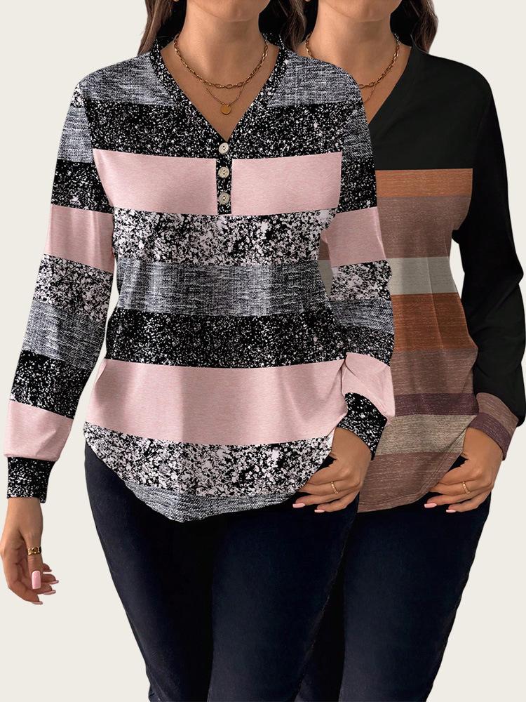 European American Women's Plus Size V-Neck Stripe Print Long Sleeve Top - Spring/Autumn