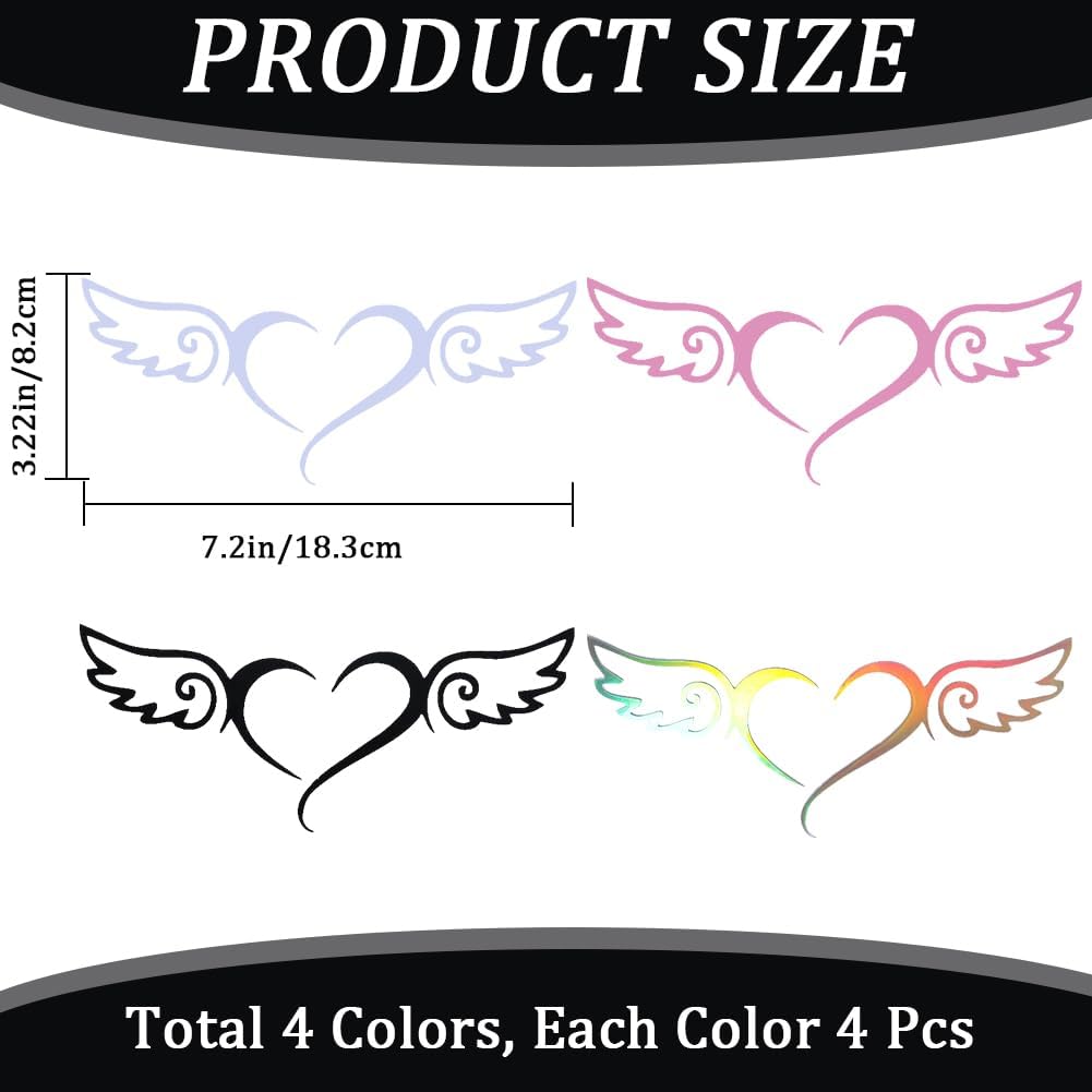 

GORGECRAFT 16 Sheets Angel Wings Car Sticker 4 Colors Car Window Bumper Sticker Heart with Wing Decals Waterproof Reflective Self-Adhesive Decals for