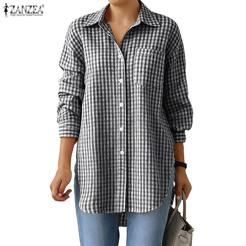 ZANZEA Women Casual Turn Down Collar Grid Print Loose Long Sleeve Blouse