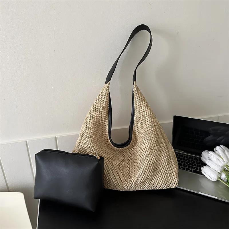 

Casual Beach Summer Popular Woven Mother-in-law Bag 2025 Fashionable One-shoulder Seaside Travel Beach Straw Bag Drop Shipping чёрный