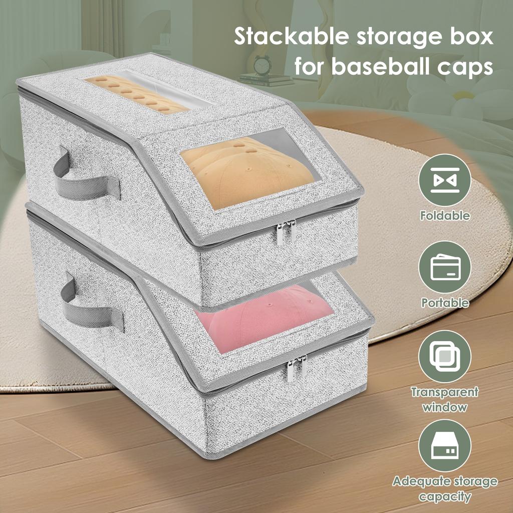 2Pcs Foldable Zipper Baseball Cap Storage Box Non Woven Fabric Baseball Cap Organizer With Clear Window for Clothes Hats