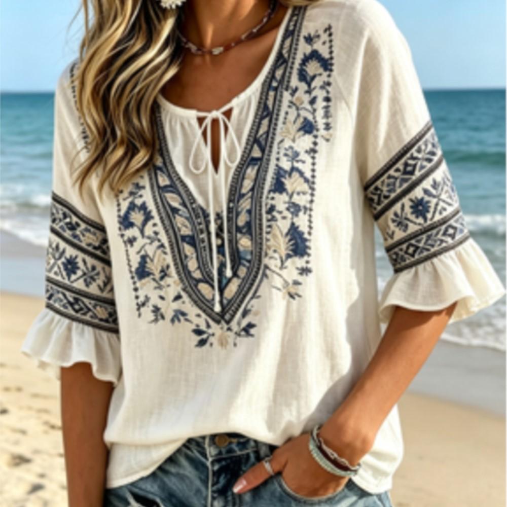 Damen Blaue Bestickte Boho Bluse, Krawattenhals 3/4 Glockenärmel Lässiges Lockeres Tunika Oberteil für den Täglichen Urlaubsgebrauch