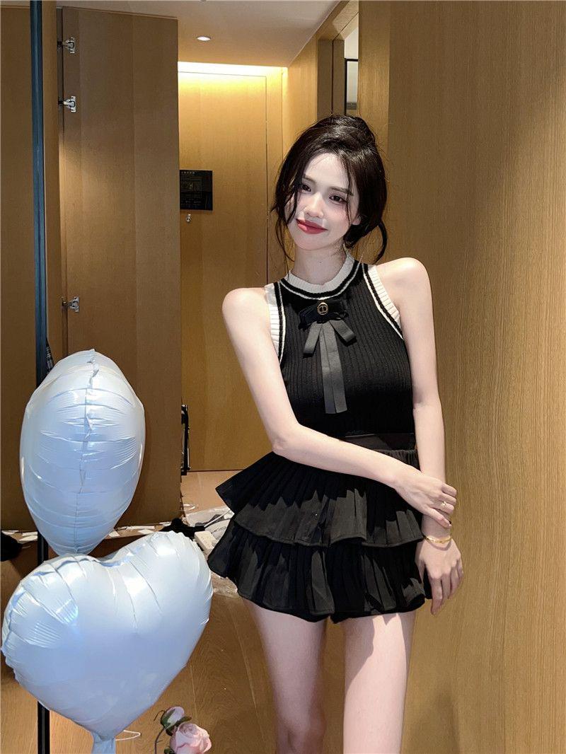 

Укороченная кофточка с бантом для женщин: Модный летний топ без рукавов One Size [Suitable for 37.5kg-60kg] чёрный