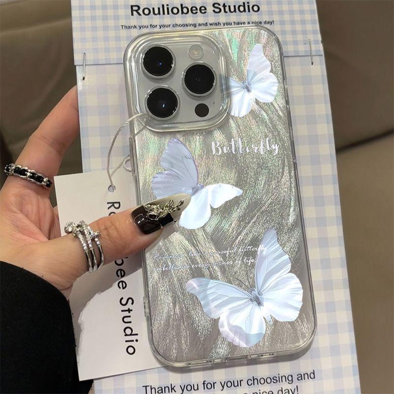 Korean Glittering Blue Butterfly Clear Soft Case for iPhone 15 14 Pro Max 13 12 Pro 11 x XR Xs Candy Cute Transparent Cover