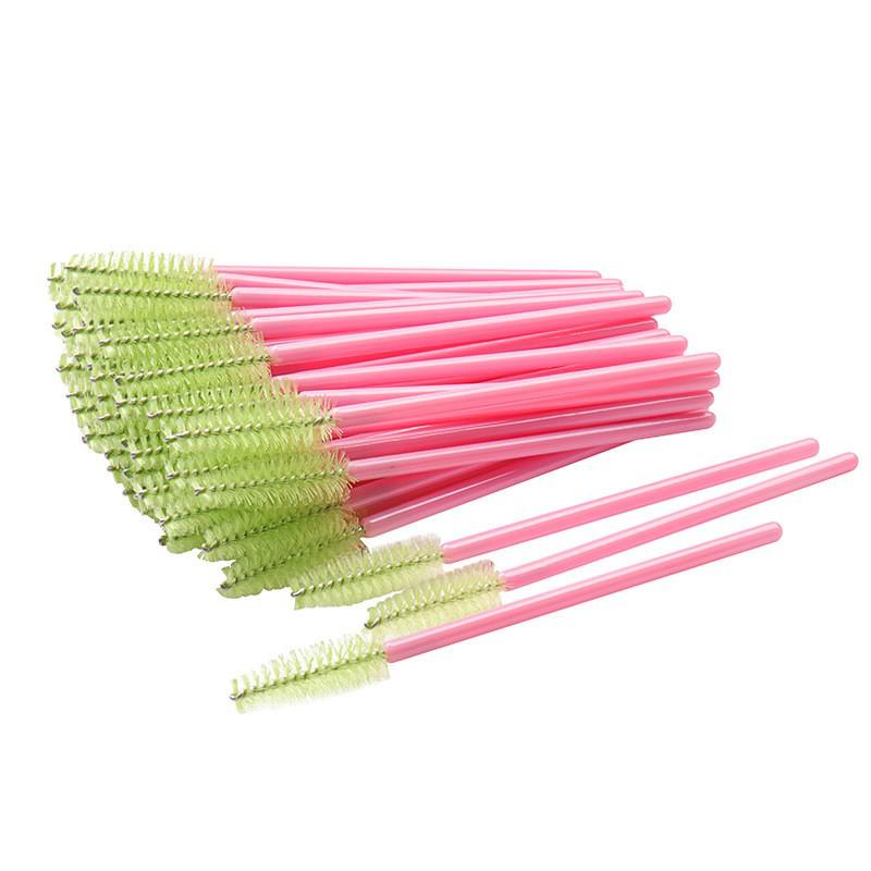 50-Pack Disposable Eyelash Brushes - Portable Pink-Handled Makeup Tool for Eyebrow and Eyelash Application.
