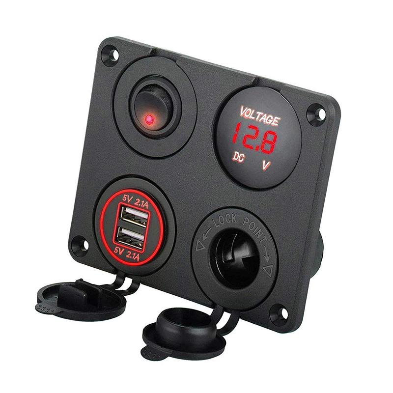 4-in-1-Autoladegerät mit Dual-SUB und 4,2-A-Voltmeter 12 V und Zigarettenanzünder und LED-Lichtschalter, geeignet für Boot, Wohnmobil, Auto, LKW