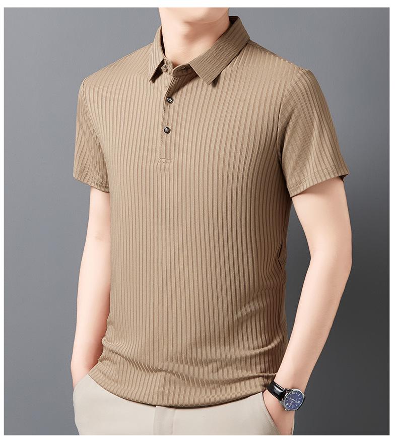 Men's Striped Ice Silk Polo: Short-Sleeved, Lapel Collar, Breathable Summer T-Shirt