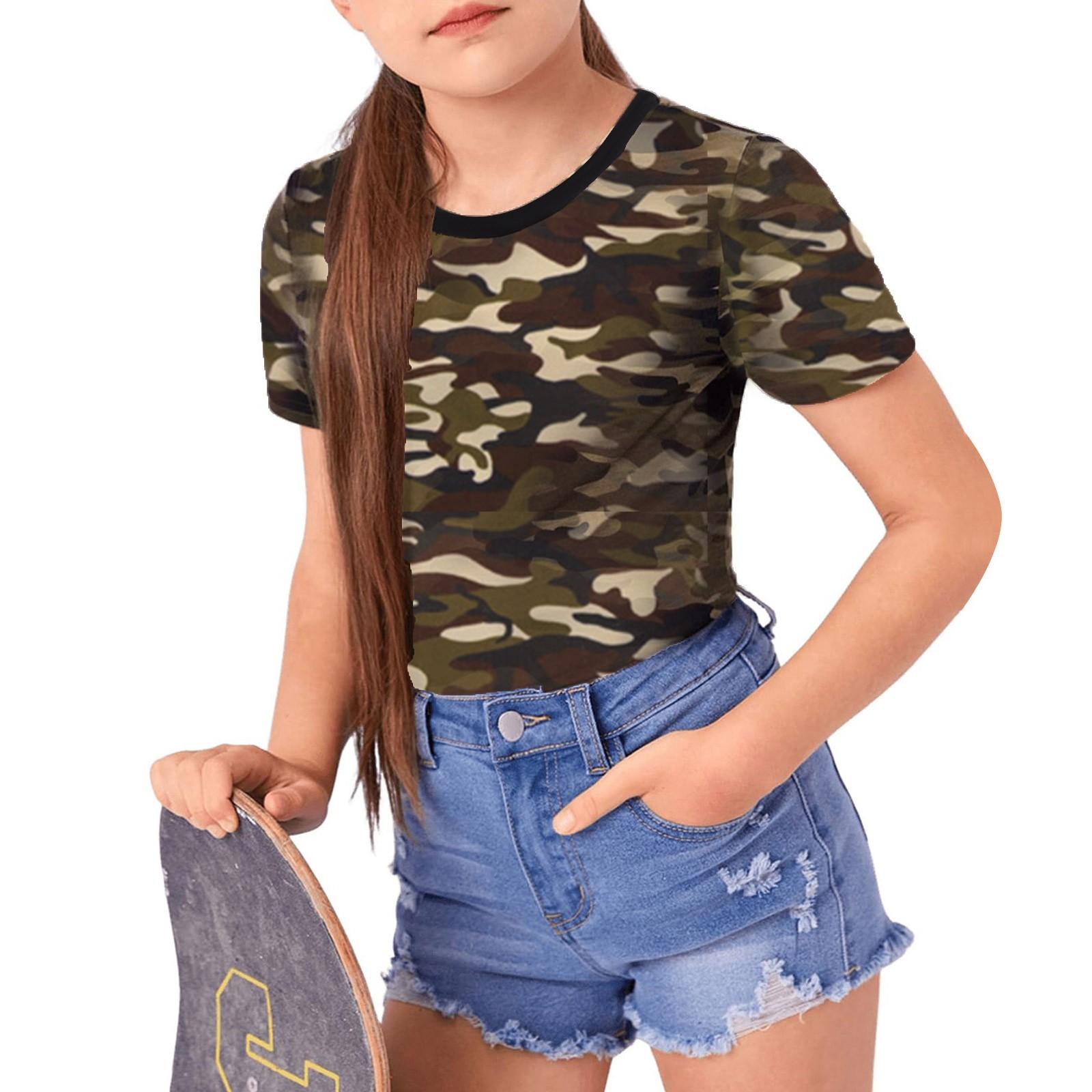 

Футболка с коротким рукавом и принтом для девочек, повседневный топ с воротником 160 кофейный