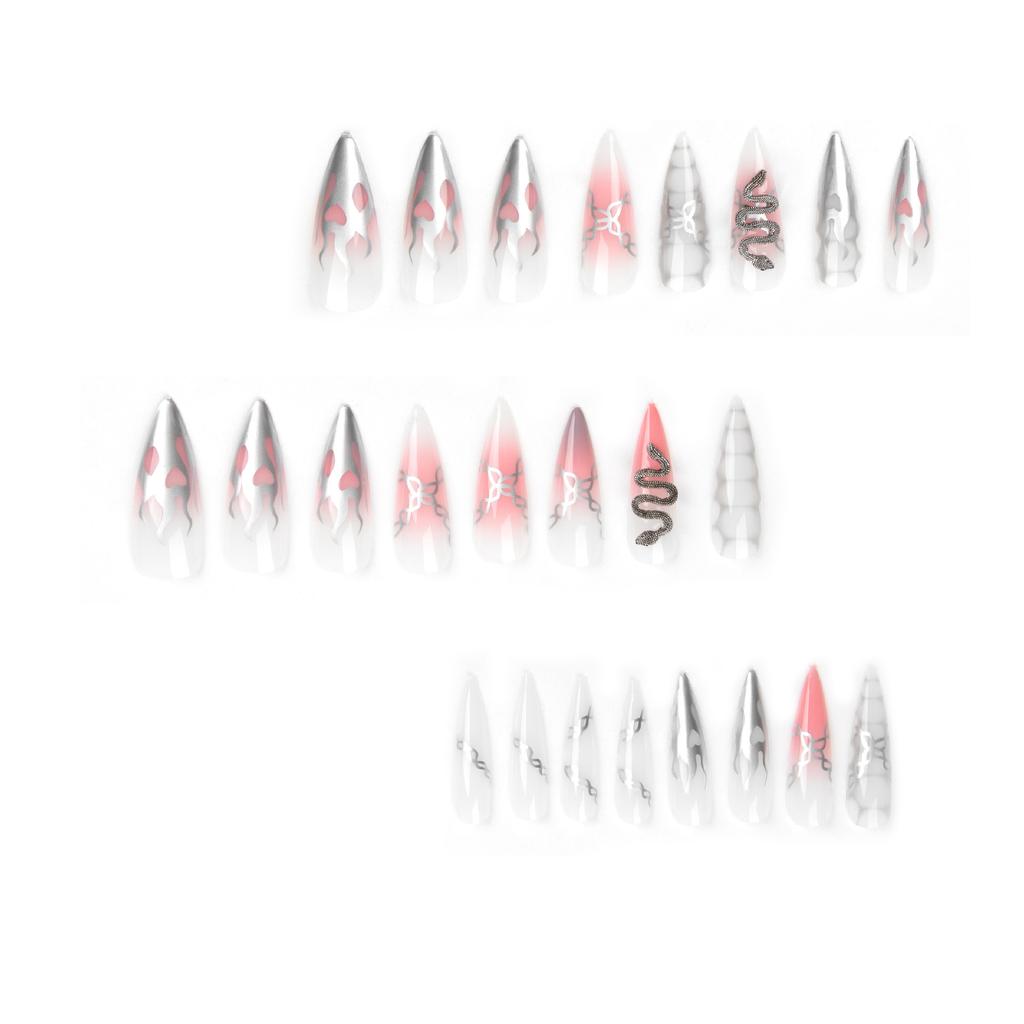 Wearable nail sticker Silver flame chain Pink smudged snake pattern rhinestone nail piece Removable nail