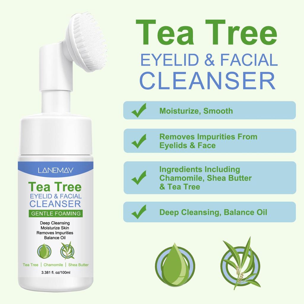 Tea Tree Eyelid & Facial Cleanser-Deep Cleansing, Balance Oil-Removes Impurities From Eyelids & Face-Suitable For All Skin Types, 100ml