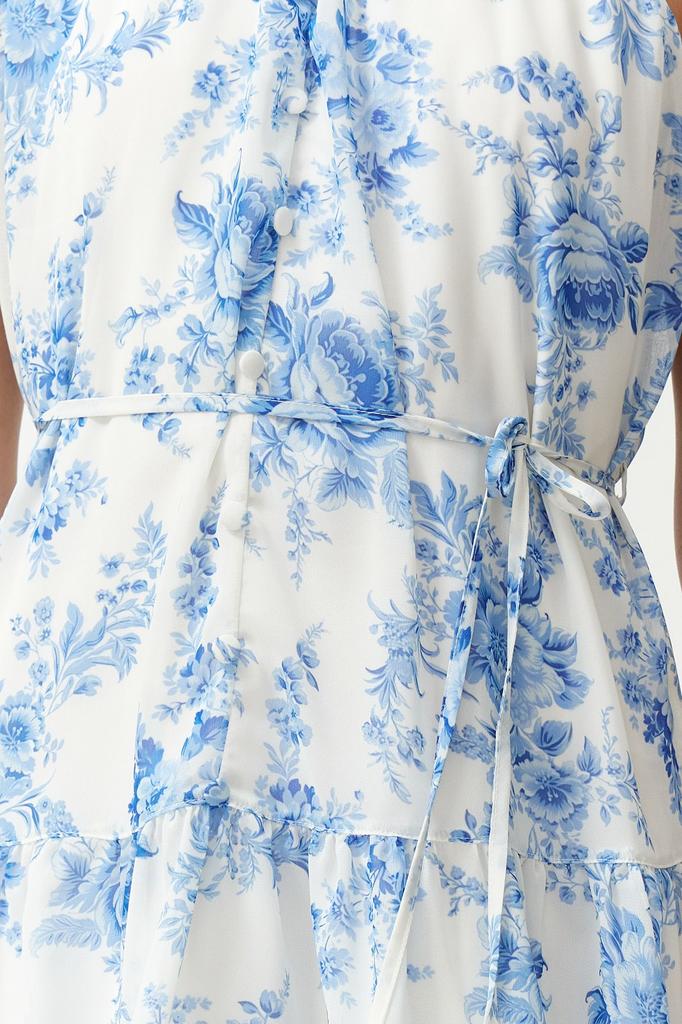 Women's Fashion Ecru Floral Patterned A-Line Layered Mini Lined Chiffon Woven Dress