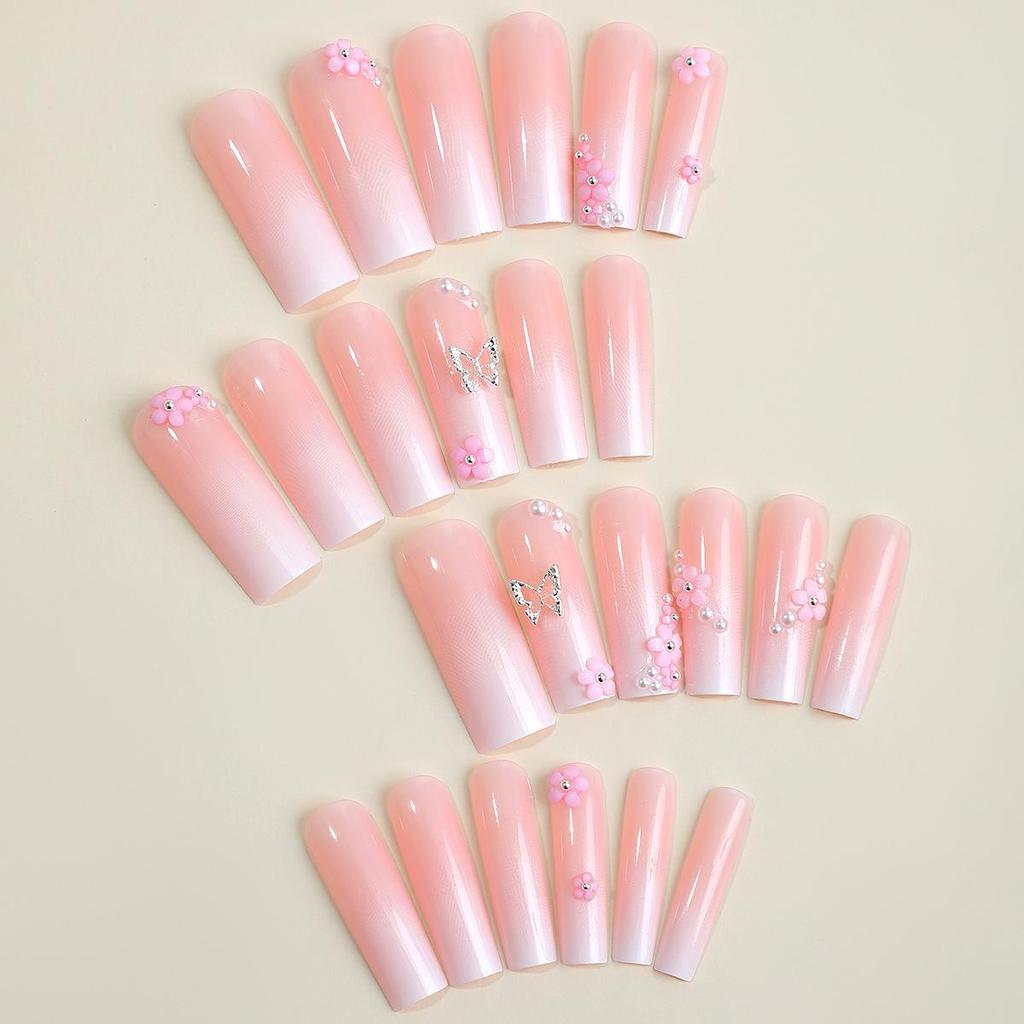 24-Piece Gradient Long Coffin Nail Set with Flower, Rhinestone, Butterfly, and Pearl Designs