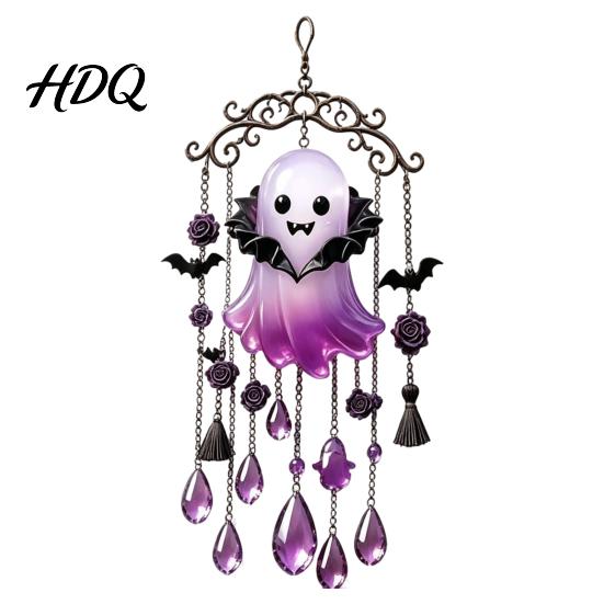 Holiday Wind Chime Halloween Ghost Decoration Vintage Sun Catcher with Faux Crystal Decorative Tassel Ornament Drops Tassels Acrylic Hanging