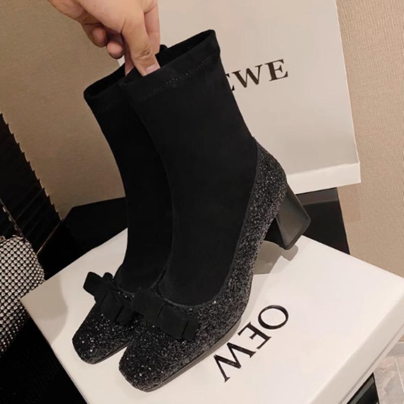 

Fashion Square Toe Bling Women Snow Ankle Boots Bow Mid Heels Fad Sock Boots Suede Chunky Shoes 2024 Trend Winter Designer Botas Mujer 42 чёрный