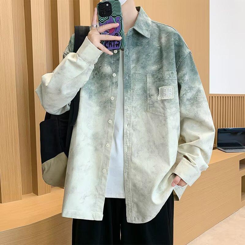 Men Loose Large Size Gradient Turn Down Collar Long Sleeve Casual Shirt Jacket