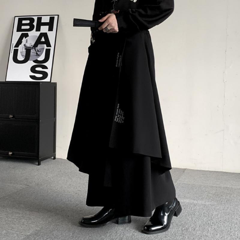 2025 Japanese Samurai Style Black Pants Men Retro Layered Irregular Pants Male Wide Leg Skirt Pants Man Casual Harajuku Trousers