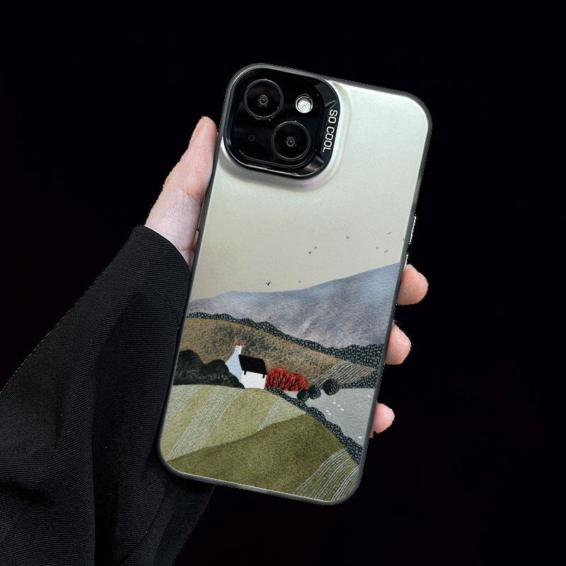 Mountain Landscape Cottage Minimalist Style Painting Phone Case For IPhone 16 15 Plus 16 15 14 13 12 11 Pro Max Mini Laser Cover