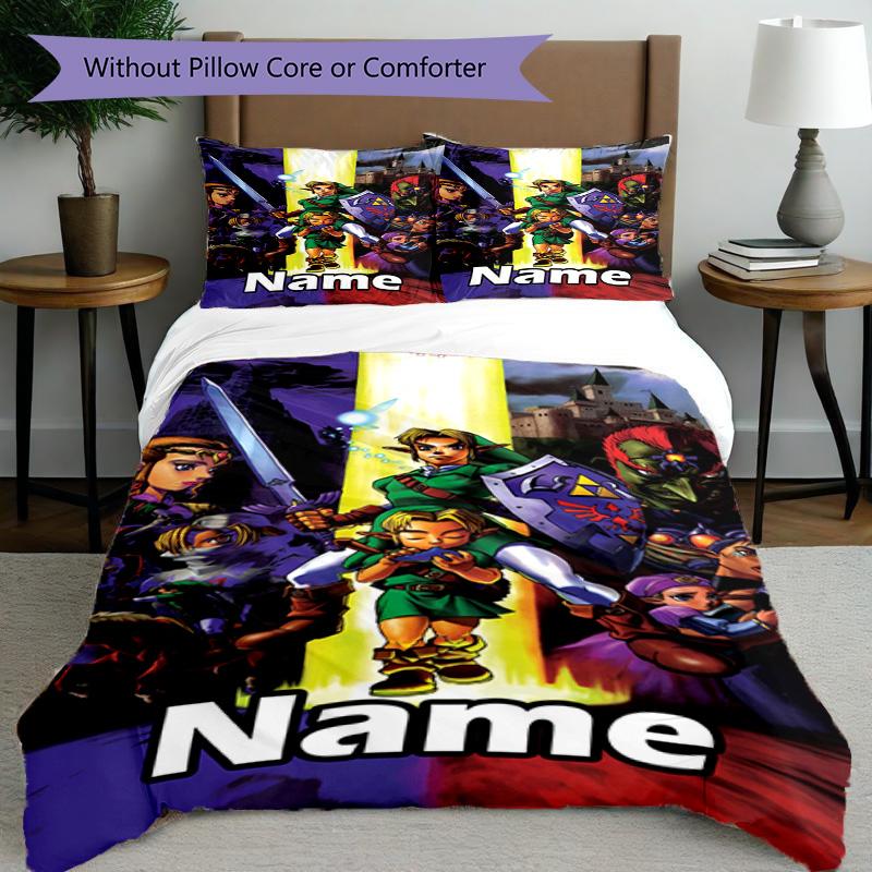 3pcs Duvet Cover Set (1*Duvet Cover + 2*Pillowcase, Without Core), Custom Name The Legend of Zelda Pattern Bedding Set, Home Bedroom Decor Gift