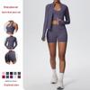Women's European & American Sports Casual Three-Piece Set: Knitted Long Sleeve Zipper Jacket, Sports Vest, & Shorts Fitness Wear.