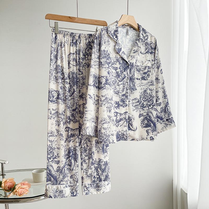 Spring and Summer Fashion Printed Ice Silk Pajamas Suit Women's Casual Wear Loose Satin Home Service Suit