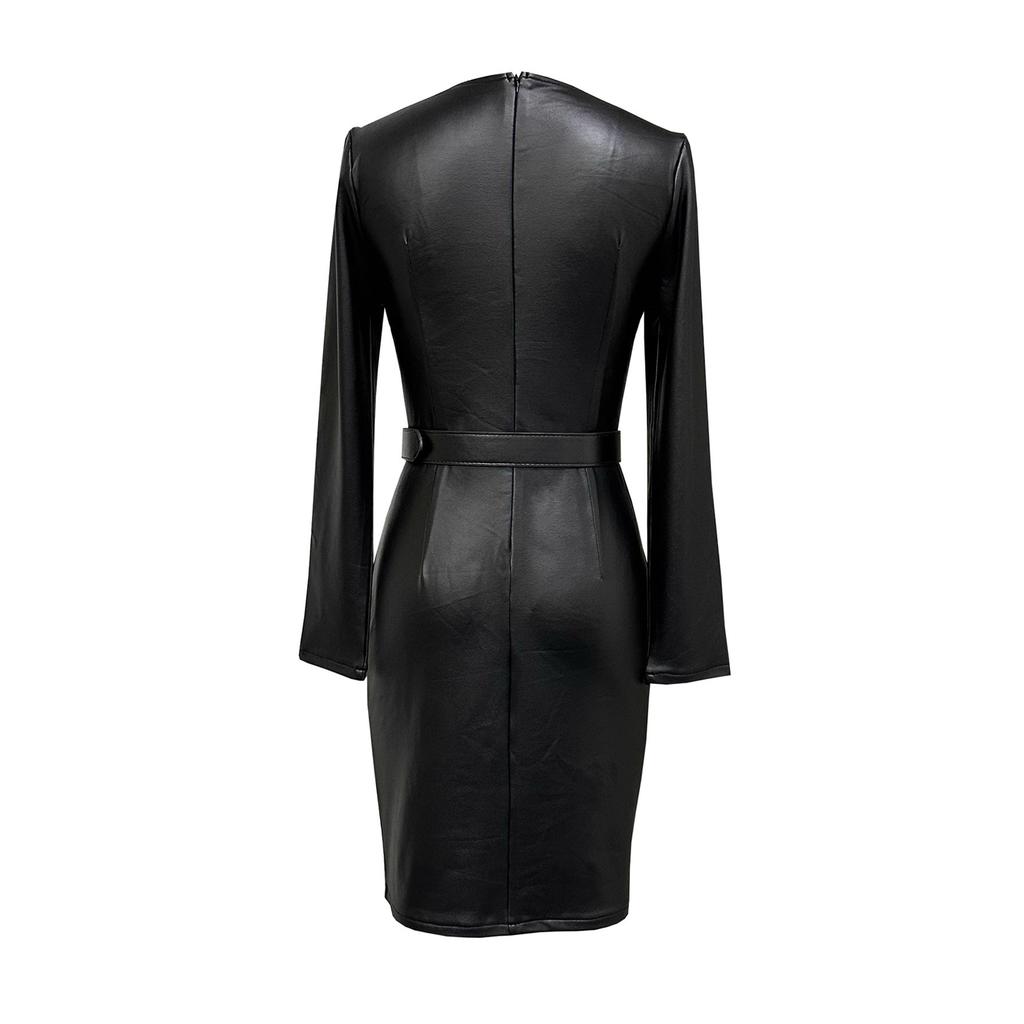 Rochie cu mâneci lungi, cu decolteu în V, din piele PU, cu croială slim fit și fustă care urmărește linia șoldurilor
