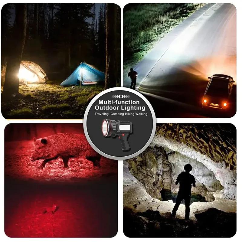 Super Bright LED Spotlight Rechargeable 7800 Lumen 12800mAh Long Lasting Searchlight Flood Fishing Hiking Camping Flashlight