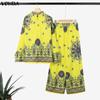 VONDA 2PCS Women Ethnic Long Sleeve Print Blouse and Pants Casual Two Piece Suit Sets