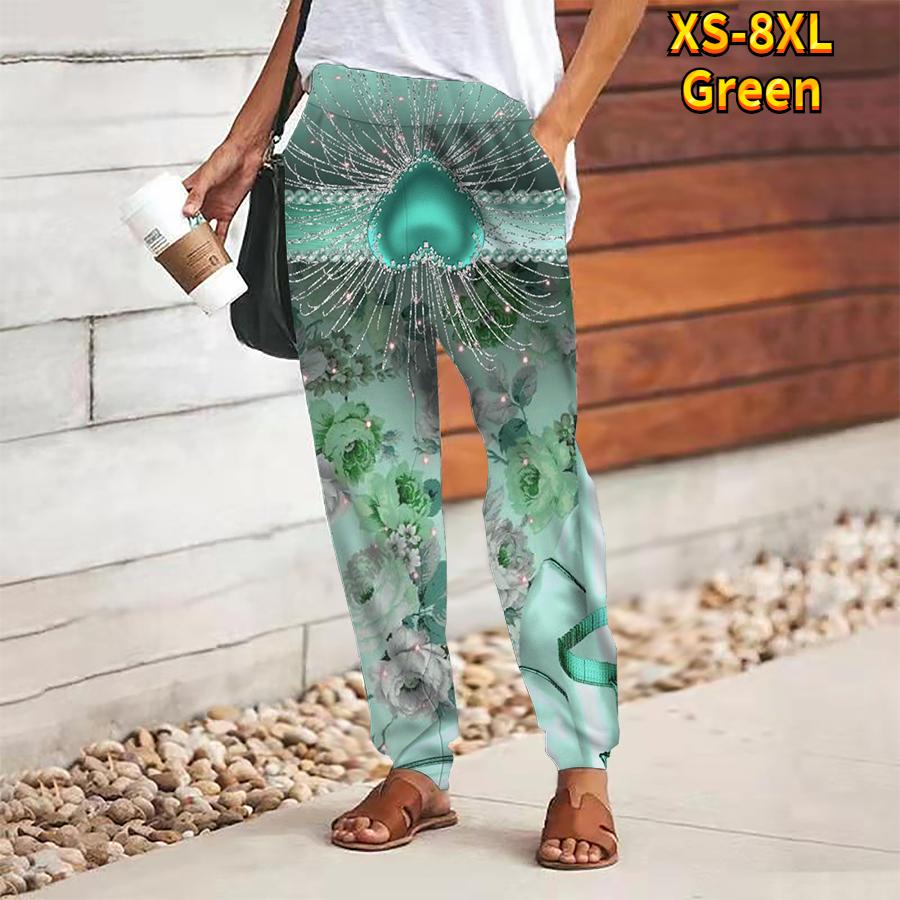 Women Gorgeous Printing Pants Lace Up Elastic Waist Loose  Trousers Casual Long Pants Trousers with Pockets