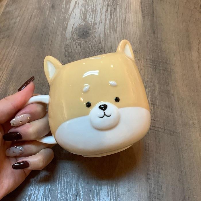 [Kawaiku] "Nikoichi" Cute Round Mug Set, Pair - Large, Approx. 13x10cm, 390ml, Shiba Inu Design, White Braun Approximately 12.5 x 9.7
