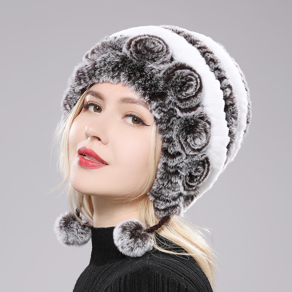 Winter Hats for Girls Women's Fur Hat Real Rex Rabbit Cap Floral Knitted Hat with Balls Skulls Beanies 55-59cm