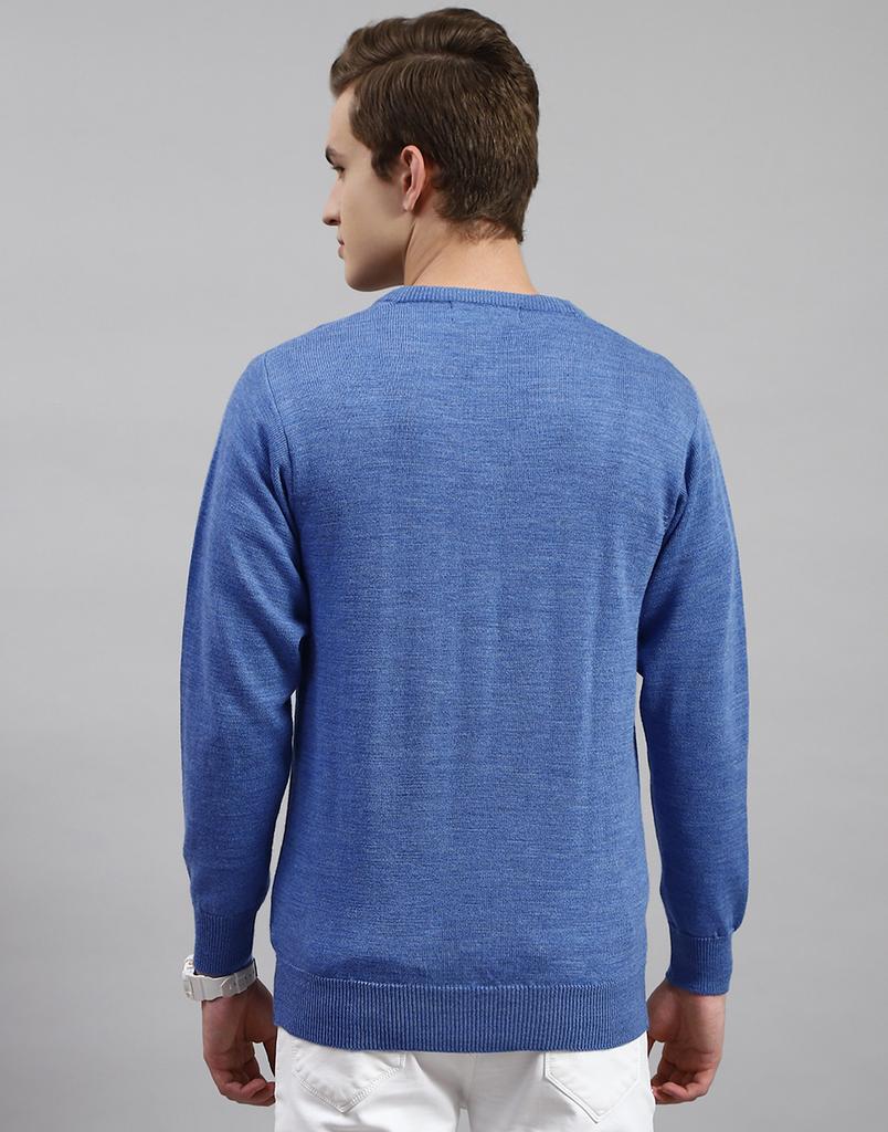 MONTE CARLO Mens Solid Blue V Neck Full Sleeve Pullover