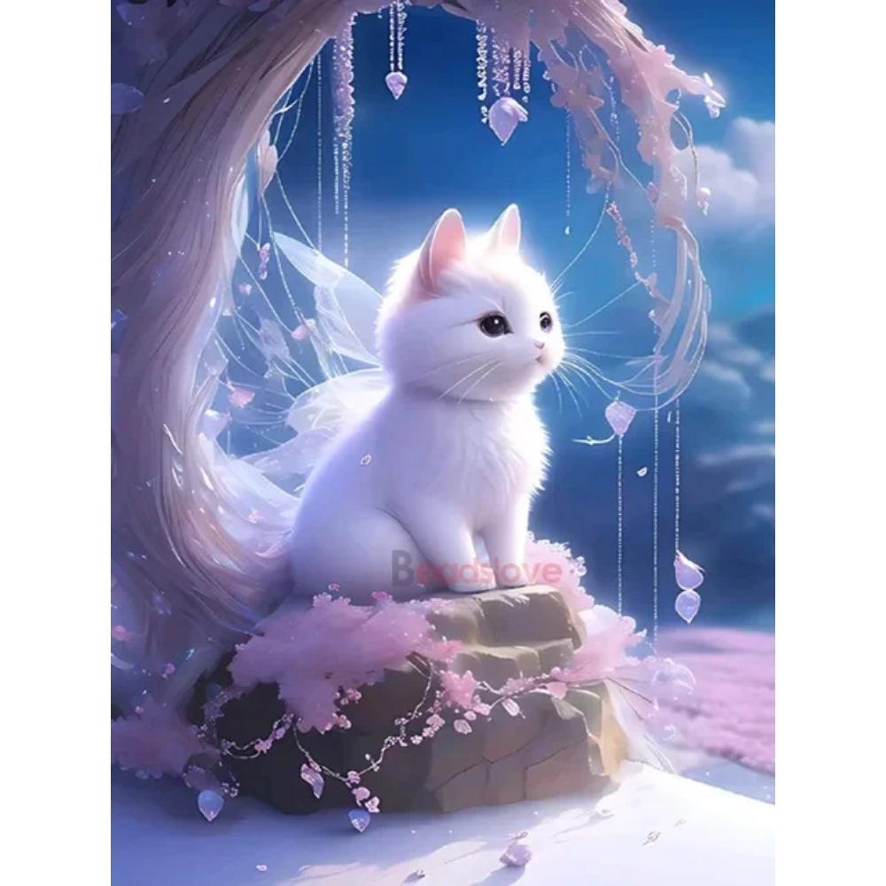 Pictura cu diamant Drill complet drăguț pisică albă pătrat rotund pictură cu diamant peisaj cu flori realizate manual Diy pictură cu mozaic cu diamante decorarea casei