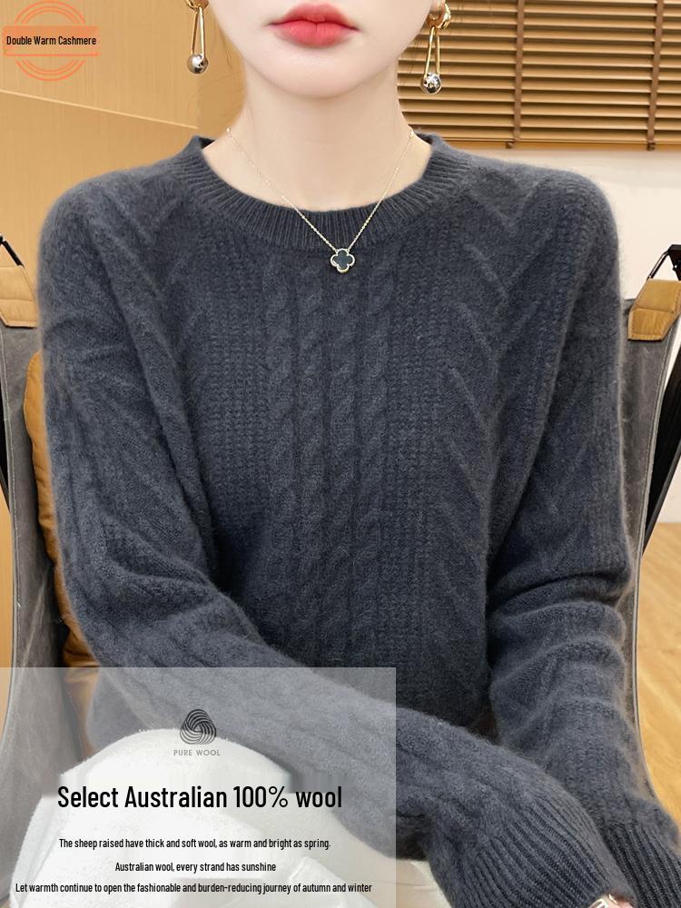 Women's Pure Wool Cable Knit Pullover - Thick Autumn/Winter Round Neck, Loose Fit Cashmere Sweater