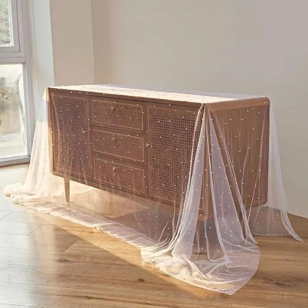 Sheer Drapes Pearl Yarn Table Runner Gauze Mesh Semi Transparent Wedding Tablecloth DIY Pearl Table Cover Dinner Table