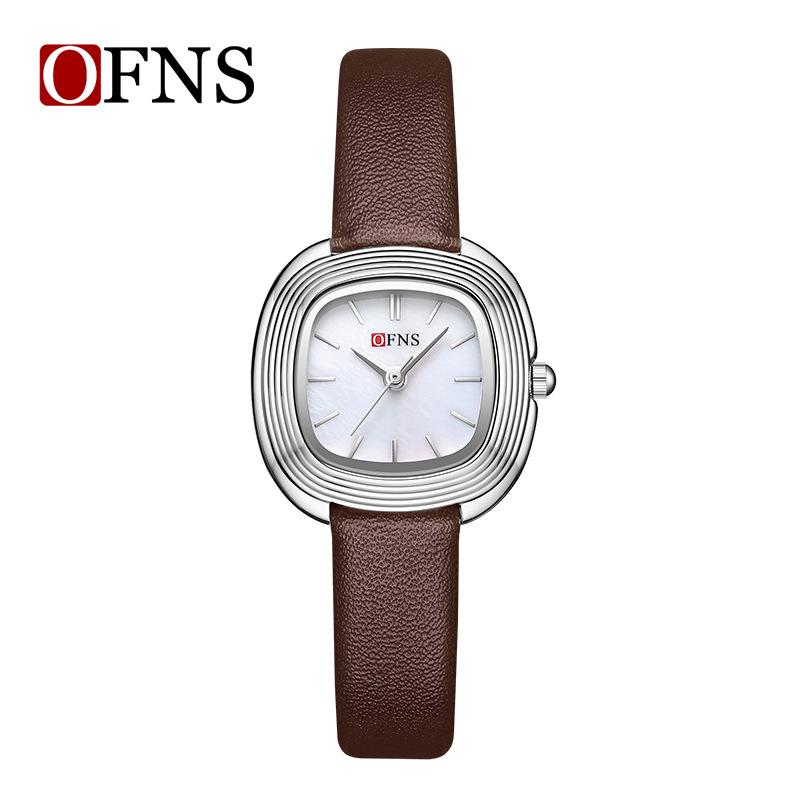OFNS Women's Fashionable Lightweight Waterproof Quartz Watch with Small Leather Strap and Square Dial