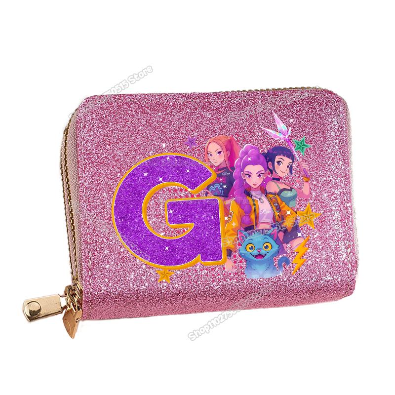 Korean Pop Demon Hunters Letter A-Z Women Short Wallet Bling Sequin Pu Leather Wallets Zipper Coin Purse ID Card Holder Girl Purse