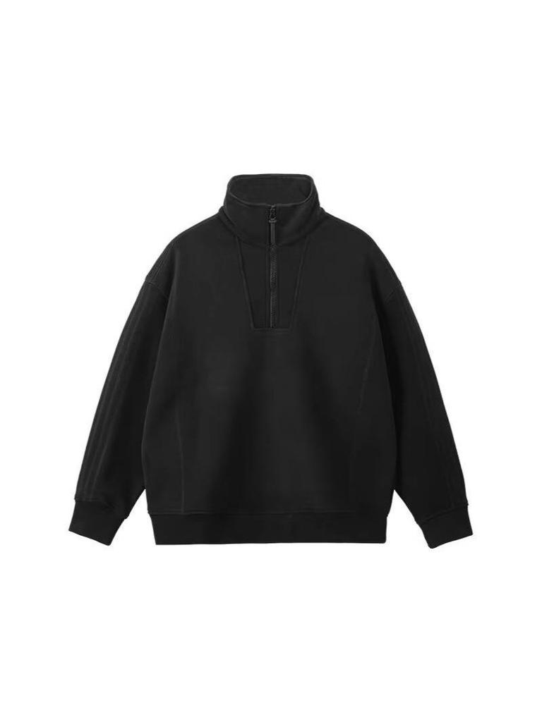 Hong Kong Style Solid Color Fleece Half-Zip Polo Shirt - Men's Retro Loose Casual Hoodie