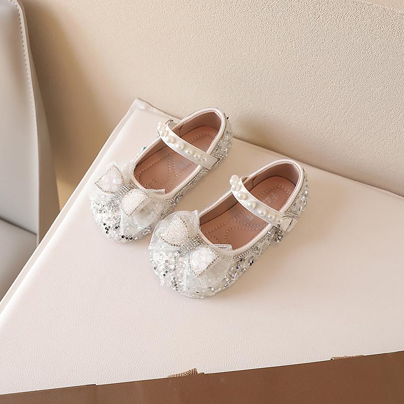 Girls Mary Janes for Party Wedding Shows Bow Sequined Rhinestones Shallow Children Fashion Versatile Soft Kids Casual Shoes 2024