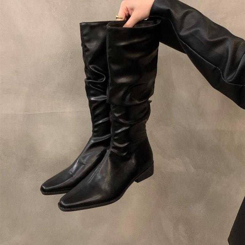 Retro pointed thick heeled long tube boots women,new spring elegant simple stacking boots fashion versatile women's shoes
