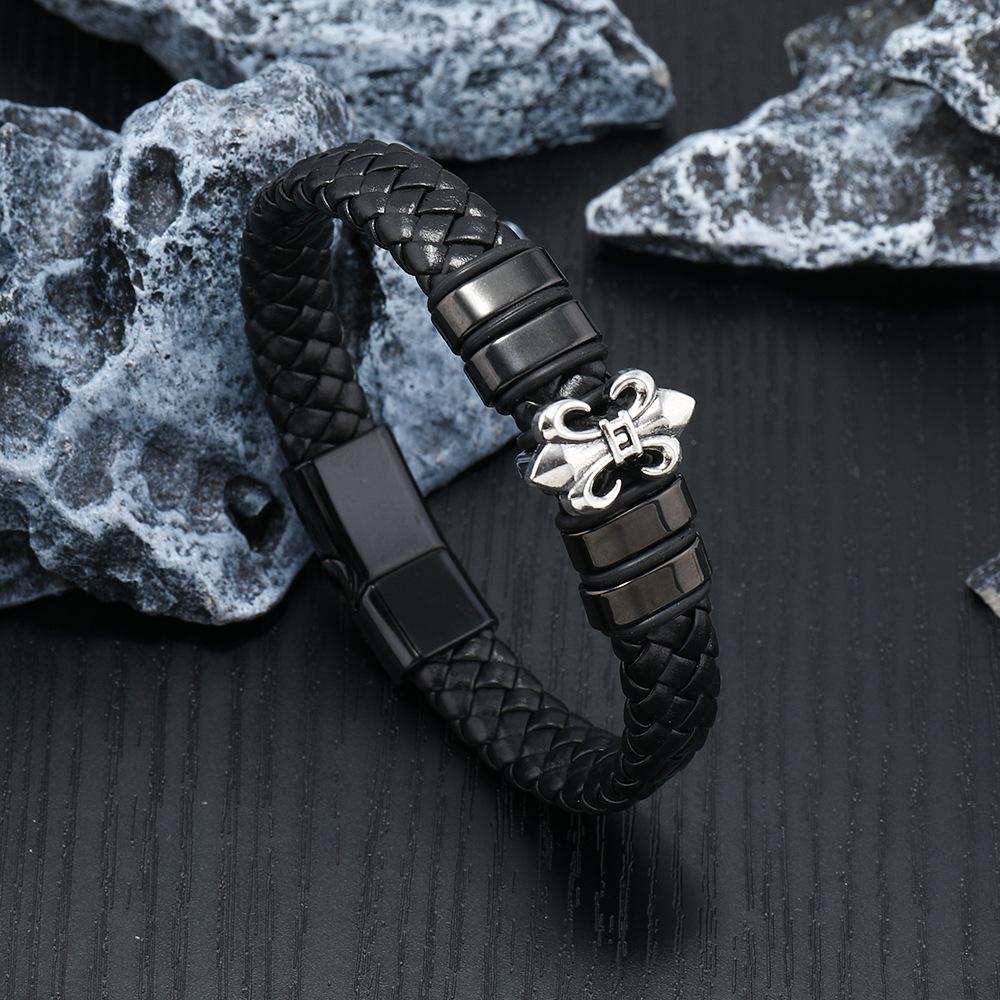 

Minimalist Mens Leather Bracelet Double Anchor Head Titanium Steel Dark Magnetic Clasp Cuff Stylish Durable чорний