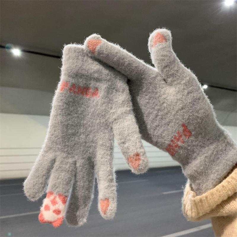 Riding Gloves Touch Screen Five Fingers Cute Warm Thickened Cold Knitted Wool Cotton Gloves Fall And Winter Female
