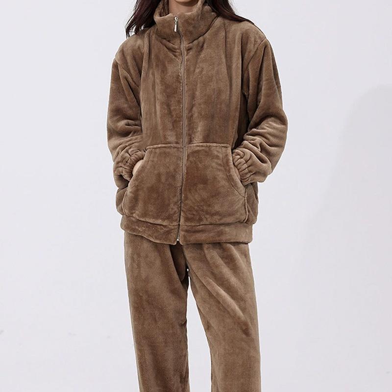Women Sleepwear Winter Home Wear Thicken Pajamas Set Warm Coral Fleece High Collar