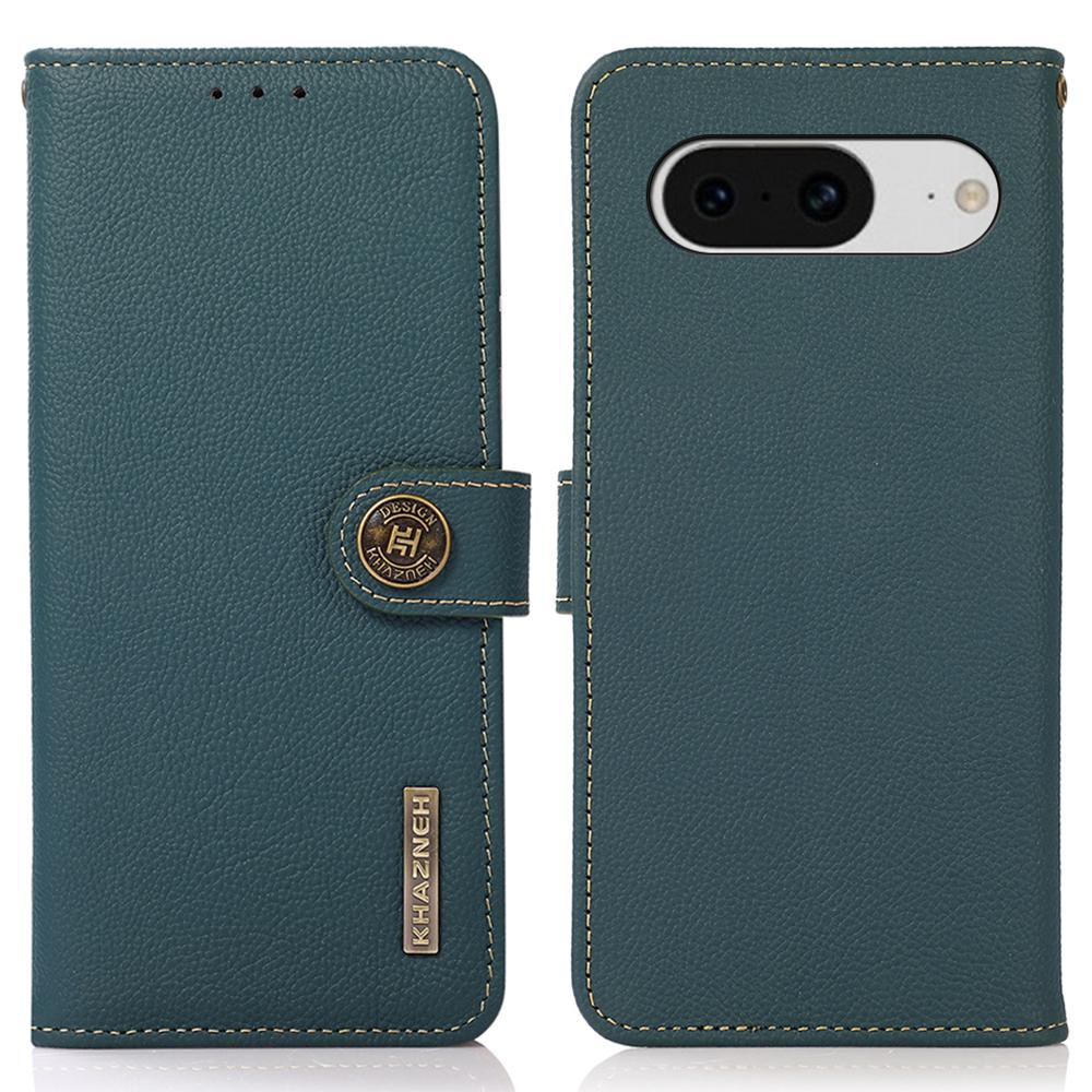 

KHAZNEH For Google Pixel 8 RFID Blocking Wallet Case Genuine Cow Leather Stand Protective Phone Cover Green