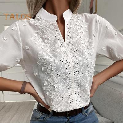 Chemise décontractée pour femme, broderie florale en dentelle, couleur unie, pull-over, col montant, col en V, manches mi-longues, coupe décontractée