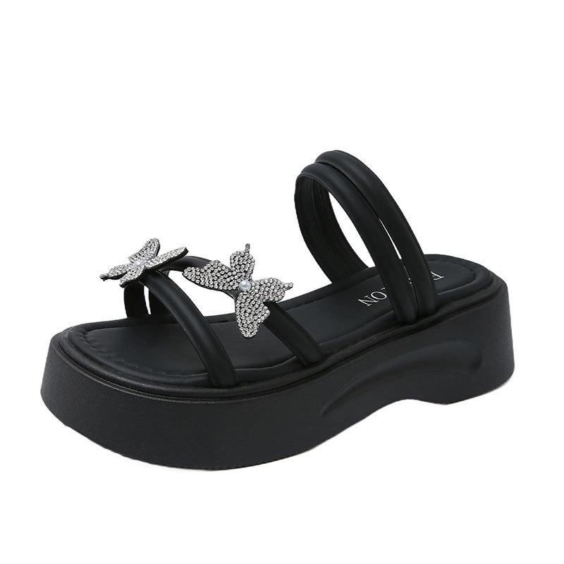 Rhinestone bow heightened thick-soled cool slippers female summer wear 2025 new fairy style with skirt two wear sandals