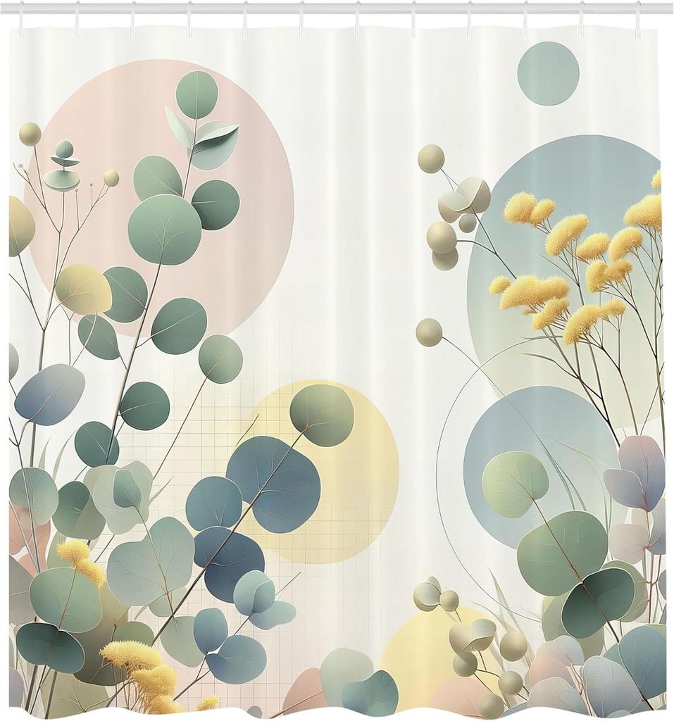 Eucalyptus Leaves Shower Curtain, Pastel Meadow Of Branches And Wildflowers On Modern Circles, Cloth Fabric Bathroom D