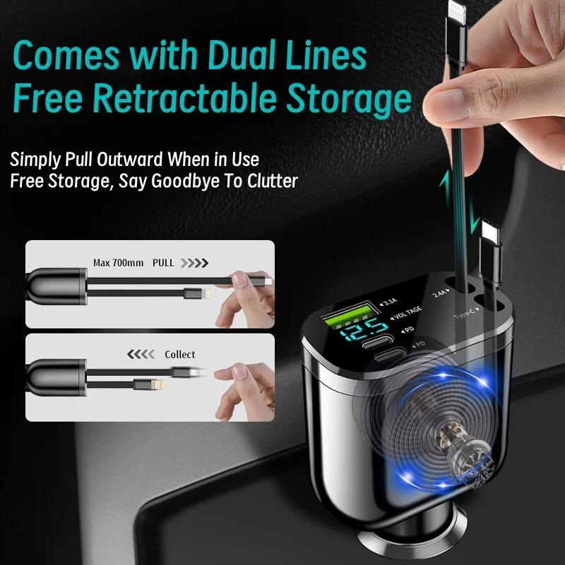 NEW 5-IN-1 150W Retractable Car Charger Mobile Phone USB PD Type C Cable For iPhone Fast Charge Cord Cigarette Lighter Adapter Car Accessories