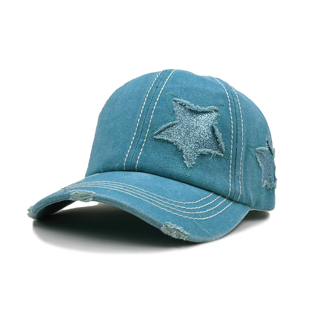 Pure Cotton Washed Ponytail Hole-Out Five-Pointed Star Baseball Cap, Trendy Curved Brim Ponytail Braid, Duckbill Hat