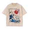2026 Vintage Washed Beige Japanese Wave Crane Cherry Blossom Graphic T Shirt Ukiyoe Retro Oriental Print Oversized Casual Short